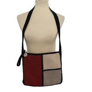 The SAK Women Colorblock Crochet Shoulder Crossbody Purse Handbag Red Black Gray